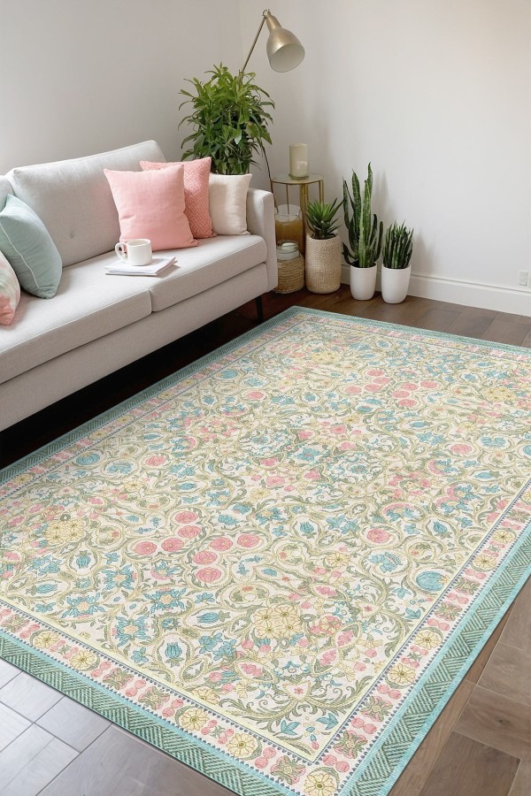 Melinda Floral Desenli Pamuk Tabanlı Yıkanabilen Kaydırmaz Antibakteriyel Şönil Salon Halısı Melinda Floral Desenli Pamuk Tabanlı Yıkanabilen Kaydırmaz Antibakteriyel Şönil Salon Halısı