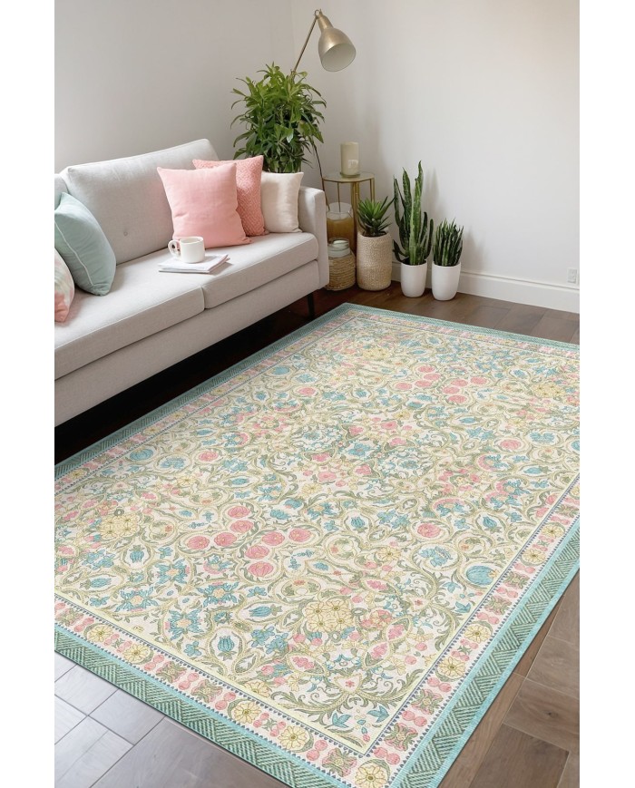 Melinda Floral Desenli Pamuk Tabanlı Yıkanabilen Kaydırmaz Antibakteriyel Şönil Salon Halısı