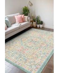 Melinda Floral Desenli Pamuk Tabanlı Yıkanabilen Kaydırmaz Antibakteriyel Şönil Salon Halısı