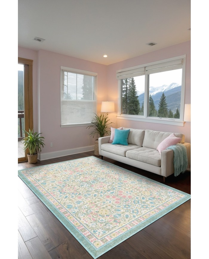 Melinda Floral Desenli Pamuk Tabanlı Yıkanabilen Kaydırmaz Antibakteriyel Şönil Salon Halısı