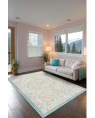 Melinda Floral Desenli Pamuk Tabanlı Yıkanabilen Kaydırmaz Antibakteriyel Şönil Salon Halısı