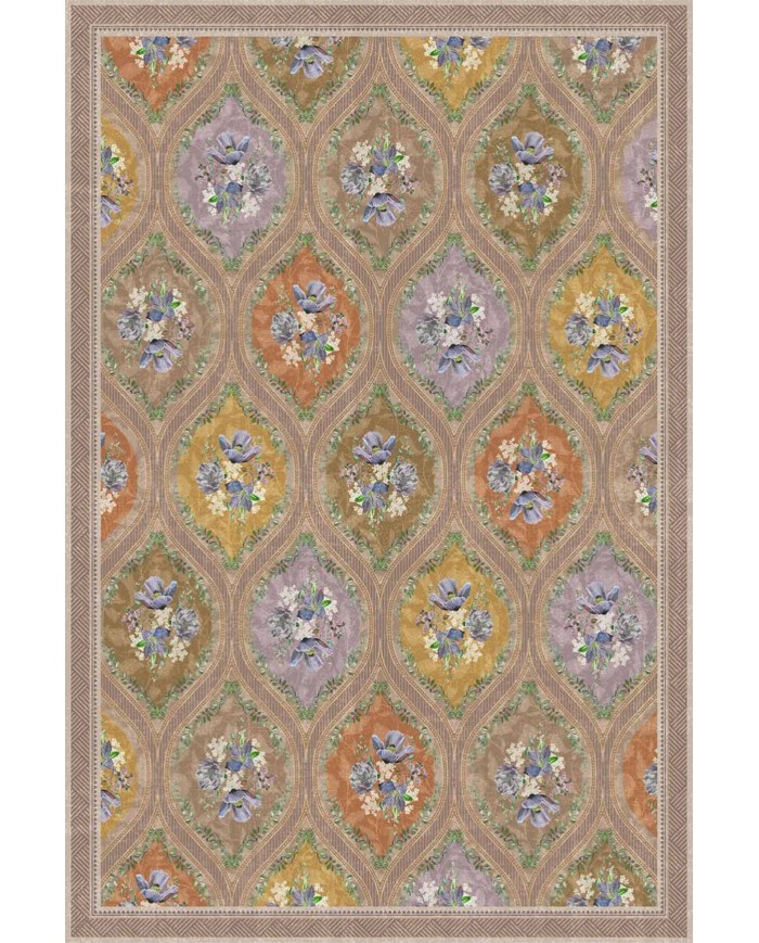 Plur Floral Desenli Pamuk Tabanlı Yıkanabilen Kaydırmaz Antibakteriyel Şönil Salon Halısı