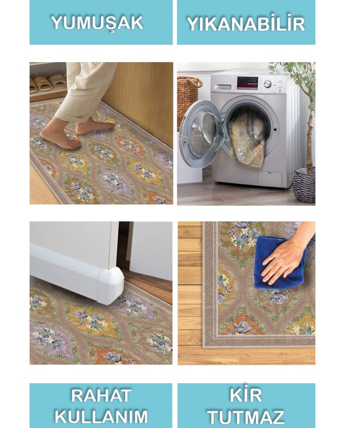 Plur Floral Desenli Pamuk Tabanlı Yıkanabilen Kaydırmaz Antibakteriyel Şönil Salon Halısı