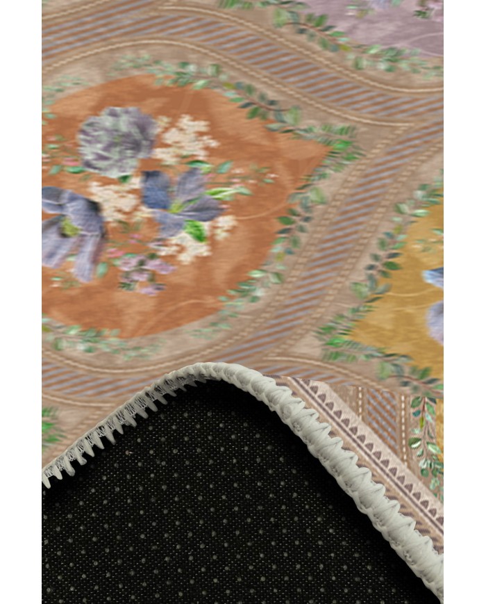 Plur Floral Desenli Pamuk Tabanlı Yıkanabilen Kaydırmaz Antibakteriyel Şönil Salon Halısı