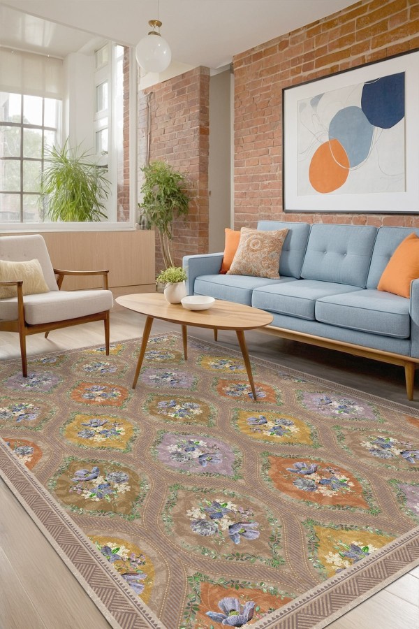 Plur Floral Desenli Pamuk Tabanlı Yıkanabilen Kaydırmaz Antibakteriyel Şönil Salon Halısı Plur Floral Desenli Pamuk Tabanlı Yıkanabilen Kaydırmaz Antibakteriyel Şönil Salon Halısı