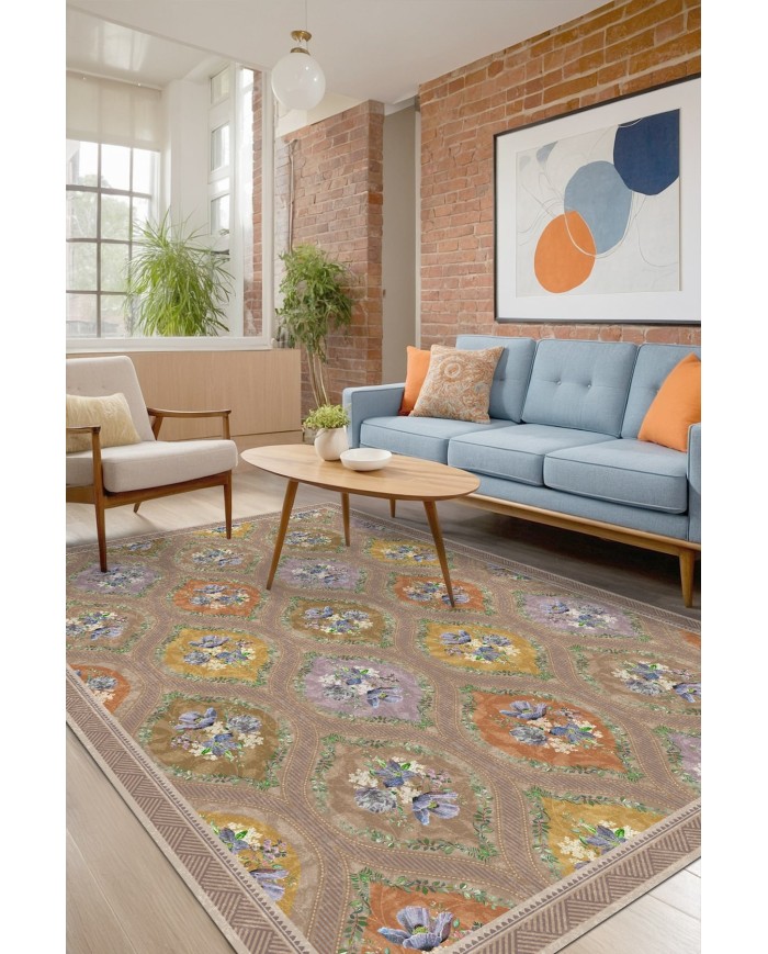 Plur Floral Desenli Pamuk Tabanlı Yıkanabilen Kaydırmaz Antibakteriyel Şönil Salon Halısı