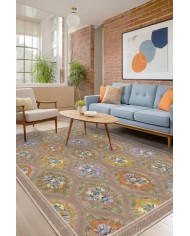 Plur Floral Desenli Pamuk Tabanlı Yıkanabilen Kaydırmaz Antibakteriyel Şönil Salon Halısı