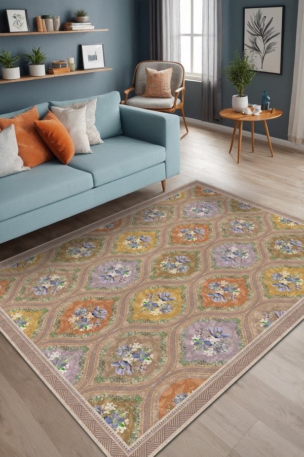 Plur Floral Desenli Pamuk Tabanlı Yıkanabilen Kaydırmaz Antibakteriyel Şönil Salon Halısı Plur Floral Desenli Pamuk Tabanlı Yıkanabilen Kaydırmaz Antibakteriyel Şönil Salon Halısı