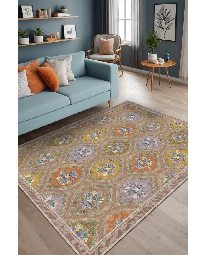 Plur Floral Desenli Pamuk Tabanlı Yıkanabilen Kaydırmaz Antibakteriyel Şönil Salon Halısı