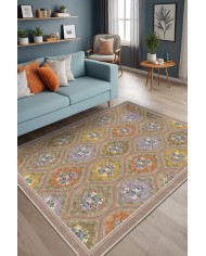 Plur Floral Desenli Pamuk Tabanlı Yıkanabilen Kaydırmaz Antibakteriyel Şönil Salon Halısı