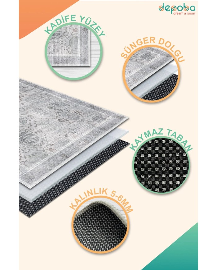 Vonno Kadife Yıkanabilir Kaymaz Pamuk Tabanlı Antibakteriyel Salon Halısı