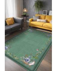 Sing Floral Desenli Pamuk Tabanlı Yıkanabilen Kaydırmaz Antibakteriyel Şönil Salon Halısı