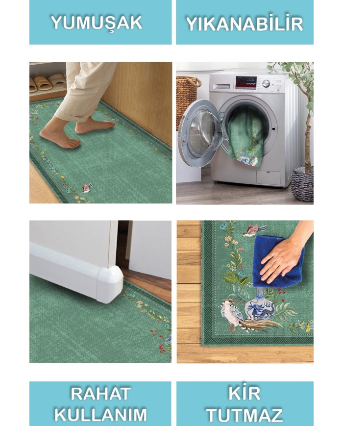 Sing Floral Desenli Pamuk Tabanlı Yıkanabilen Kaydırmaz Antibakteriyel Şönil Salon Halısı