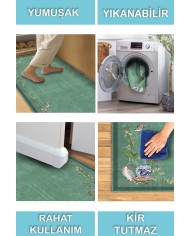 Sing Floral Desenli Pamuk Tabanlı Yıkanabilen Kaydırmaz Antibakteriyel Şönil Salon Halısı