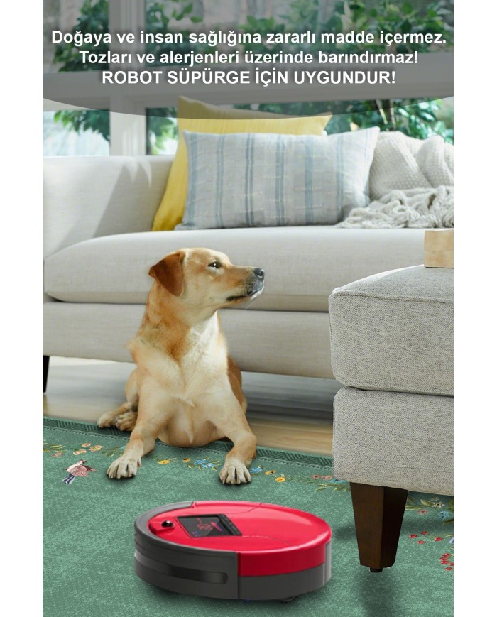 Sing Floral Desenli Pamuk Tabanlı Yıkanabilen Kaydırmaz Antibakteriyel Şönil Salon Halısı