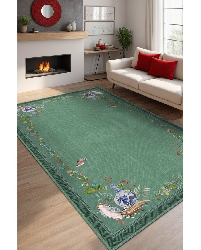 Sing Floral Desenli Pamuk Tabanlı Yıkanabilen Kaydırmaz Antibakteriyel Şönil Salon Halısı