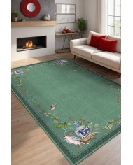 Sing Floral Desenli Pamuk Tabanlı Yıkanabilen Kaydırmaz Antibakteriyel Şönil Salon Halısı