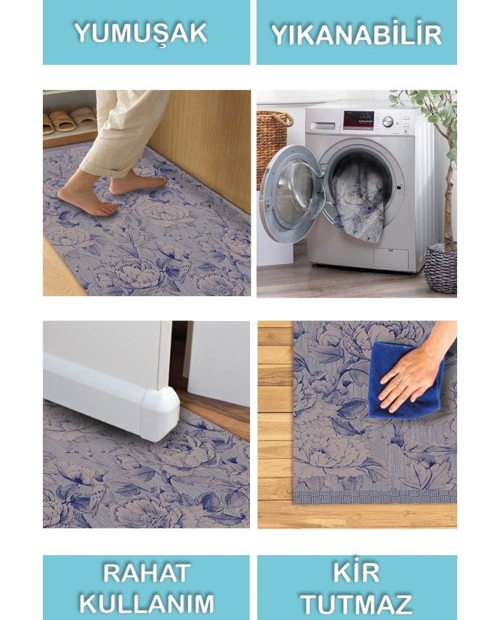 Sunikas Floral Desenli Pamuk Tabanlı Yıkanabilen Kaydırmaz Antibakteriyel Şönil Salon Halısı