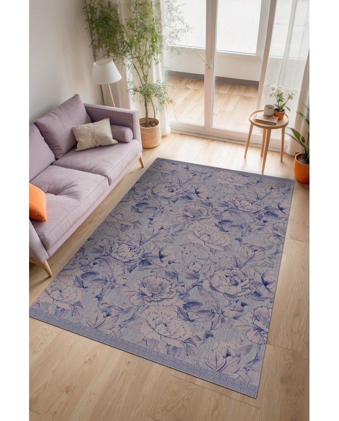 Sunikas Floral Desenli Pamuk Tabanlı Yıkanabilen Kaydırmaz Antibakteriyel Şönil Salon Halısı