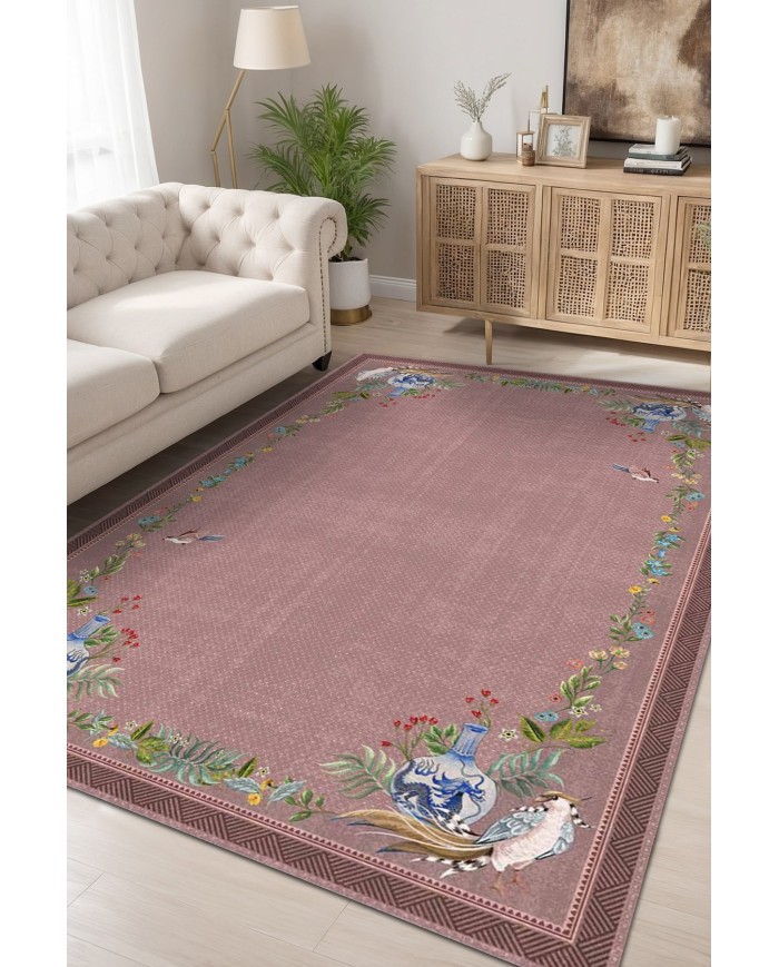 Yase Floral Desenli Pamuk Tabanlı Yıkanabilen Kaydırmaz Antibakteriyel Şönil Salon Halısı