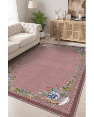 Yase Floral Desenli Pamuk Tabanlı Yıkanabilen Kaydırmaz Antibakteriyel Şönil Salon Halısı