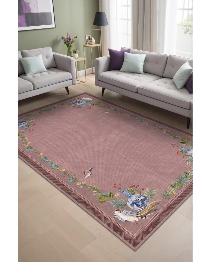 Yase Floral Desenli Pamuk Tabanlı Yıkanabilen Kaydırmaz Antibakteriyel Şönil Salon Halısı