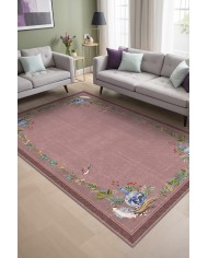 Yase Floral Desenli Pamuk Tabanlı Yıkanabilen Kaydırmaz Antibakteriyel Şönil Salon Halısı