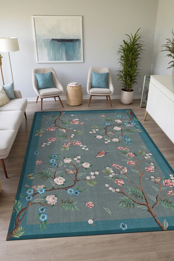 Prans Floral Desenli Pamuk Tabanlı Yıkanabilen Kaydırmaz Antibakteriyel Şönil Salon Halısı Prans Floral Desenli Pamuk Tabanlı Yıkanabilen Kaydırmaz Antibakteriyel Şönil Salon Halısı