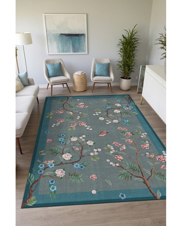 Prans Floral Desenli Pamuk Tabanlı Yıkanabilen Kaydırmaz Antibakteriyel Şönil Salon Halısı