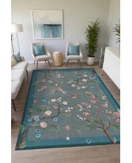 Prans Floral Desenli Pamuk Tabanlı Yıkanabilen Kaydırmaz Antibakteriyel Şönil Salon Halısı