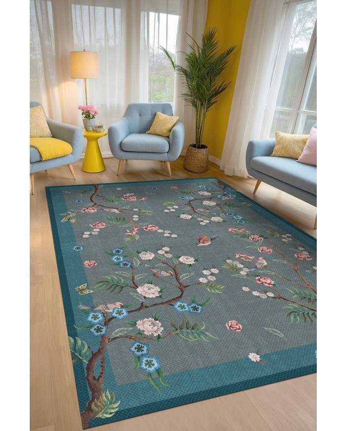 Prans Floral Desenli Pamuk Tabanlı Yıkanabilen Kaydırmaz Antibakteriyel Şönil Salon Halısı