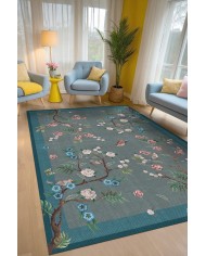 Prans Floral Desenli Pamuk Tabanlı Yıkanabilen Kaydırmaz Antibakteriyel Şönil Salon Halısı