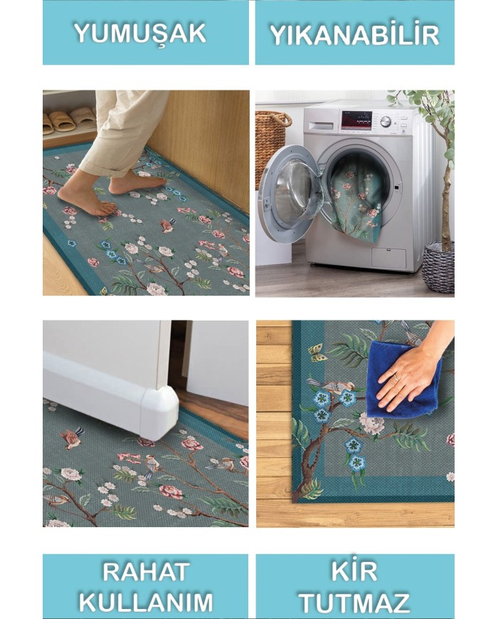 Prans Floral Desenli Pamuk Tabanlı Yıkanabilen Kaydırmaz Antibakteriyel Şönil Salon Halısı