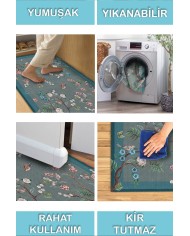 Prans Floral Desenli Pamuk Tabanlı Yıkanabilen Kaydırmaz Antibakteriyel Şönil Salon Halısı