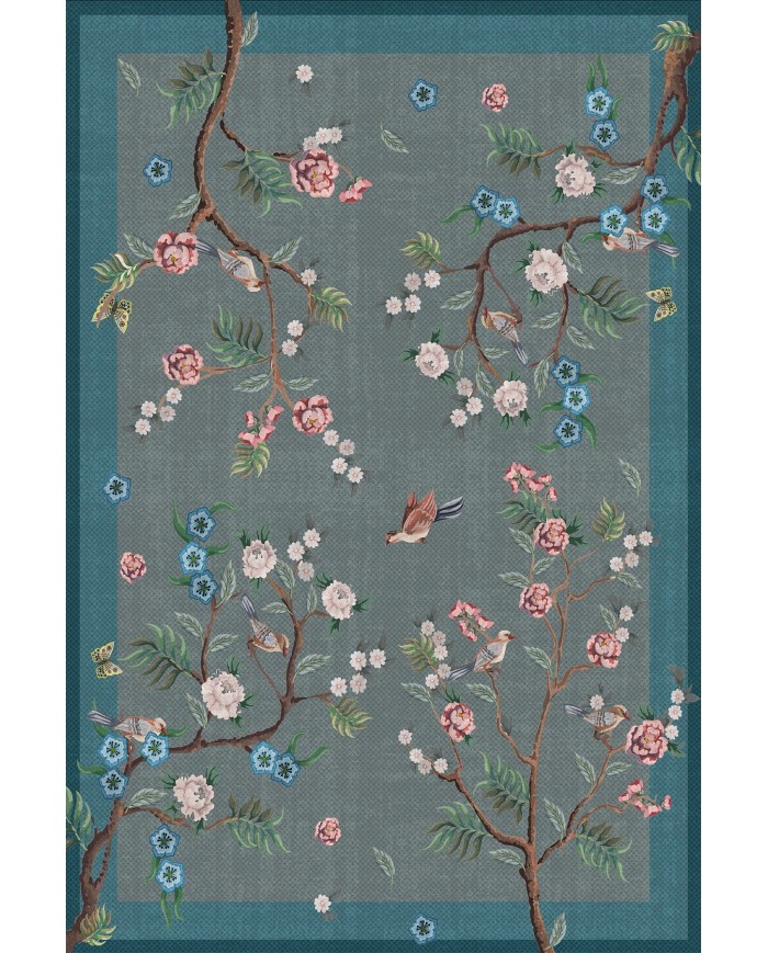 Prans Floral Desenli Pamuk Tabanlı Yıkanabilen Kaydırmaz Antibakteriyel Şönil Salon Halısı