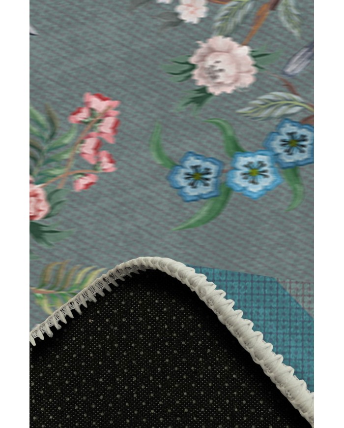 Prans Floral Desenli Pamuk Tabanlı Yıkanabilen Kaydırmaz Antibakteriyel Şönil Salon Halısı