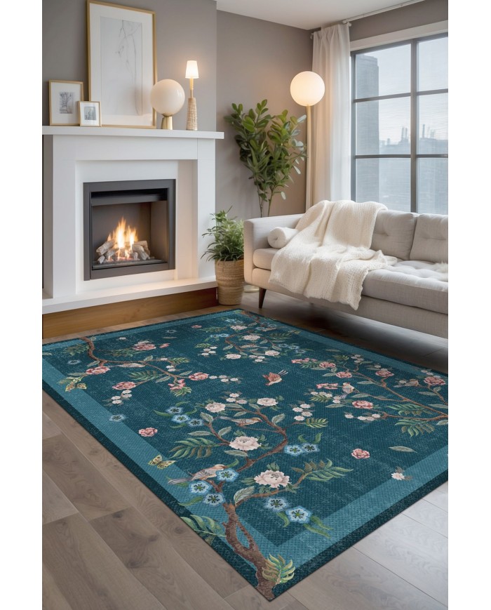 Sobesli Floral Desenli Pamuk Tabanlı Yıkanabilen Kaydırmaz Antibakteriyel Şönil Salon Halısı