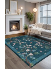 Sobesli Floral Desenli Pamuk Tabanlı Yıkanabilen Kaydırmaz Antibakteriyel Şönil Salon Halısı