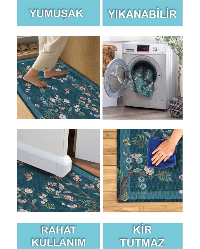 Sobesli Floral Desenli Pamuk Tabanlı Yıkanabilen Kaydırmaz Antibakteriyel Şönil Salon Halısı
