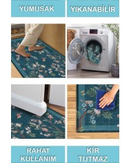 Sobesli Floral Desenli Pamuk Tabanlı Yıkanabilen Kaydırmaz Antibakteriyel Şönil Salon Halısı