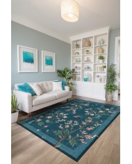 Sobesli Floral Desenli Pamuk Tabanlı Yıkanabilen Kaydırmaz Antibakteriyel Şönil Salon Halısı