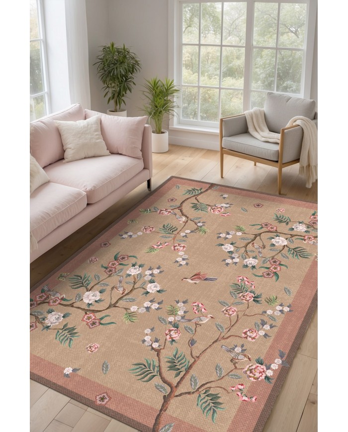 Sumsey Floral Desenli Pamuk Tabanlı Yıkanabilen Kaydırmaz Antibakteriyel Şönil Salon Halısı