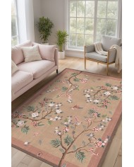 Sumsey Floral Desenli Pamuk Tabanlı Yıkanabilen Kaydırmaz Antibakteriyel Şönil Salon Halısı