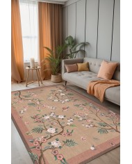 Sumsey Floral Desenli Pamuk Tabanlı Yıkanabilen Kaydırmaz Antibakteriyel Şönil Salon Halısı