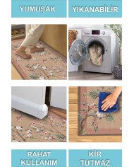 Sumsey Floral Desenli Pamuk Tabanlı Yıkanabilen Kaydırmaz Antibakteriyel Şönil Salon Halısı