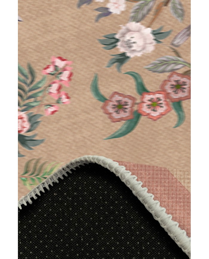 Sumsey Floral Desenli Pamuk Tabanlı Yıkanabilen Kaydırmaz Antibakteriyel Şönil Salon Halısı