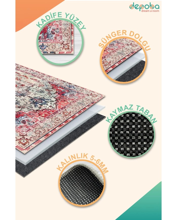 Zonya Kadife Yıkanabilir Kaymaz Pamuk Tabanlı Antibakteriyel Salon Halısı