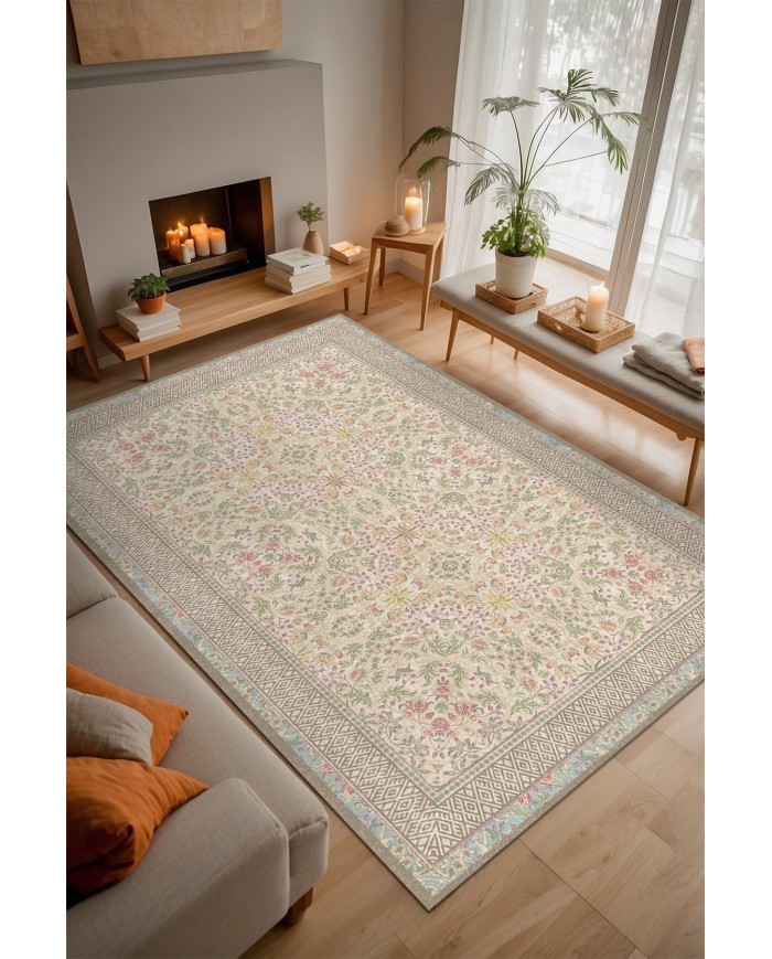 Nesar Çiçek Desenli Pamuk Tabanlı Kaydırmaz Halı