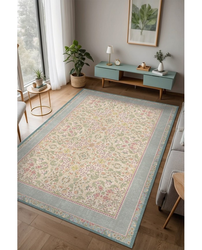 Saral Çiçek Desenli Pamuk Tabanlı Kaydırmaz Halı