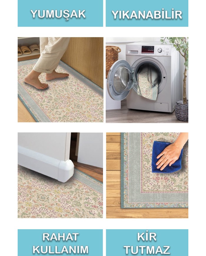 Saral Çiçek Desenli Pamuk Tabanlı Kaydırmaz Halı